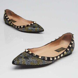 Valentino Black Leather Camo Crystal Rockstud Flats Size 7/37.5